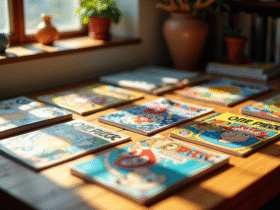 Table en bois avec mangas One Piece colorés et magazines spéciaux