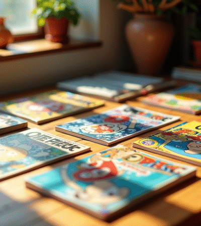 Table en bois avec mangas One Piece colorés et magazines spéciaux