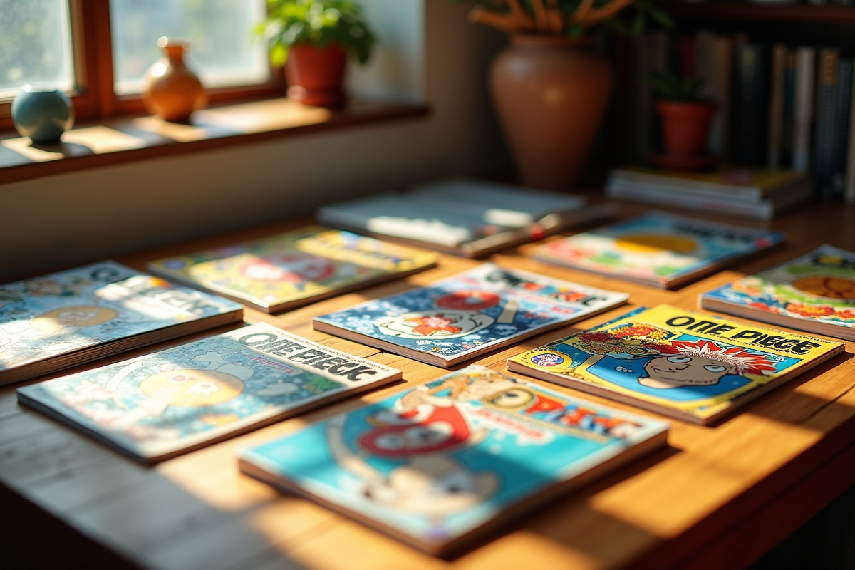Table en bois avec mangas One Piece colorés et magazines spéciaux