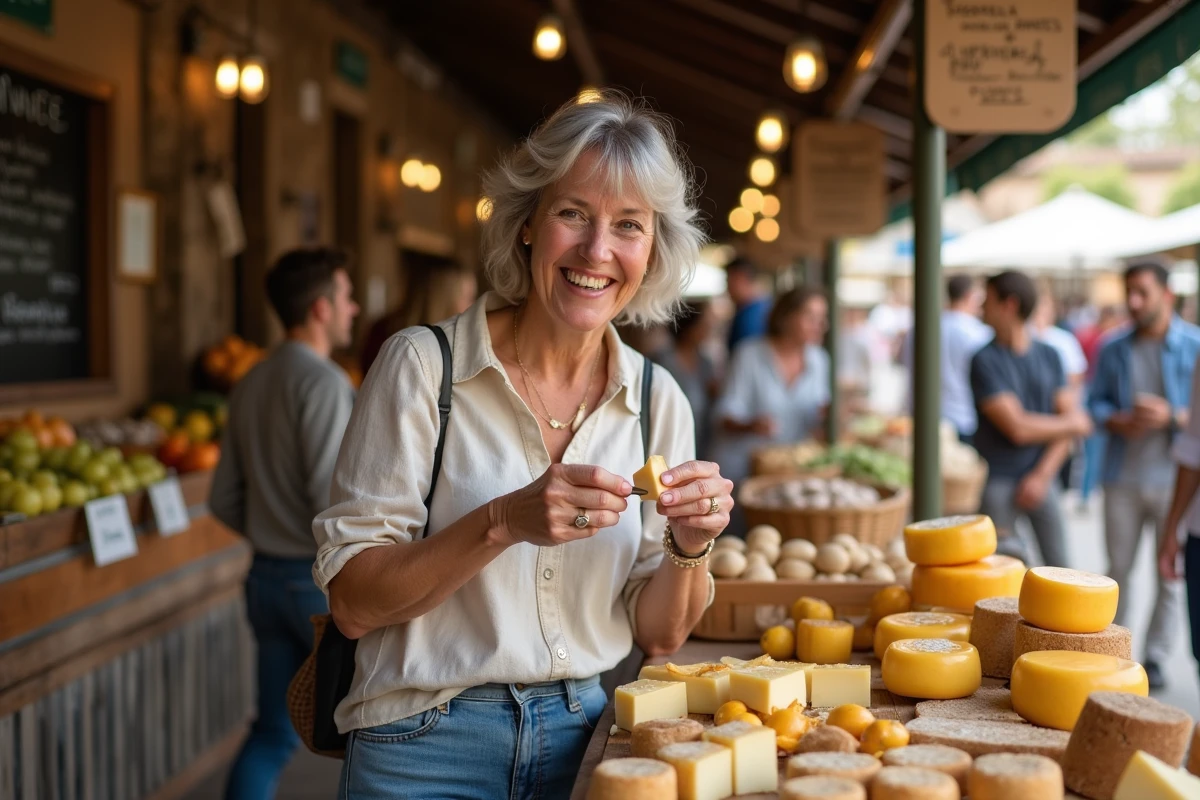Femme souriante dégustant du fromage au marché d'Argelès Gazost