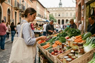 Femme faisant ses courses au marché local de Toulouse avec des légumes frais et des produits artisanaux