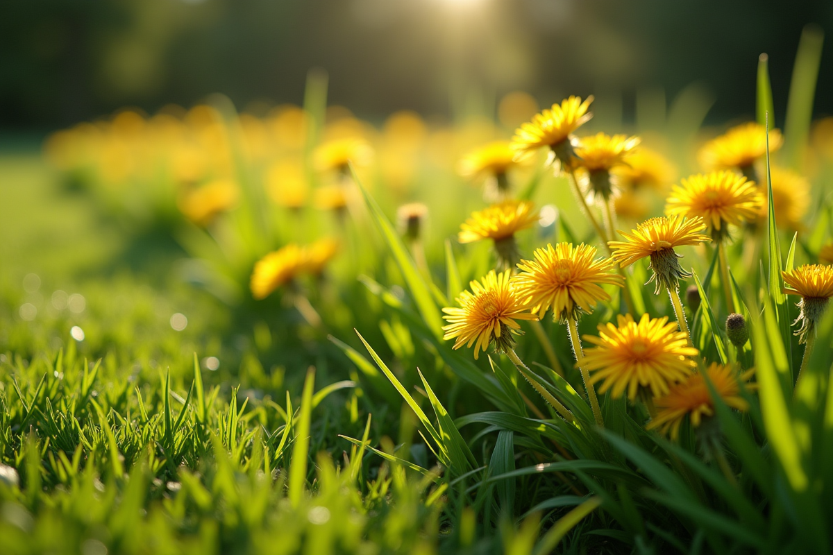 Marge de marguerites sauvages et pelouse bien entretenue