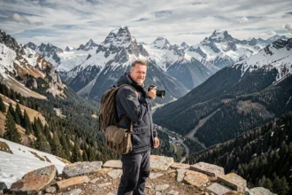 Photographe professionnel en Savoie avec les Alpes enneigées en arrière-plan, illustrant le classement des meilleurs photographes savoyards