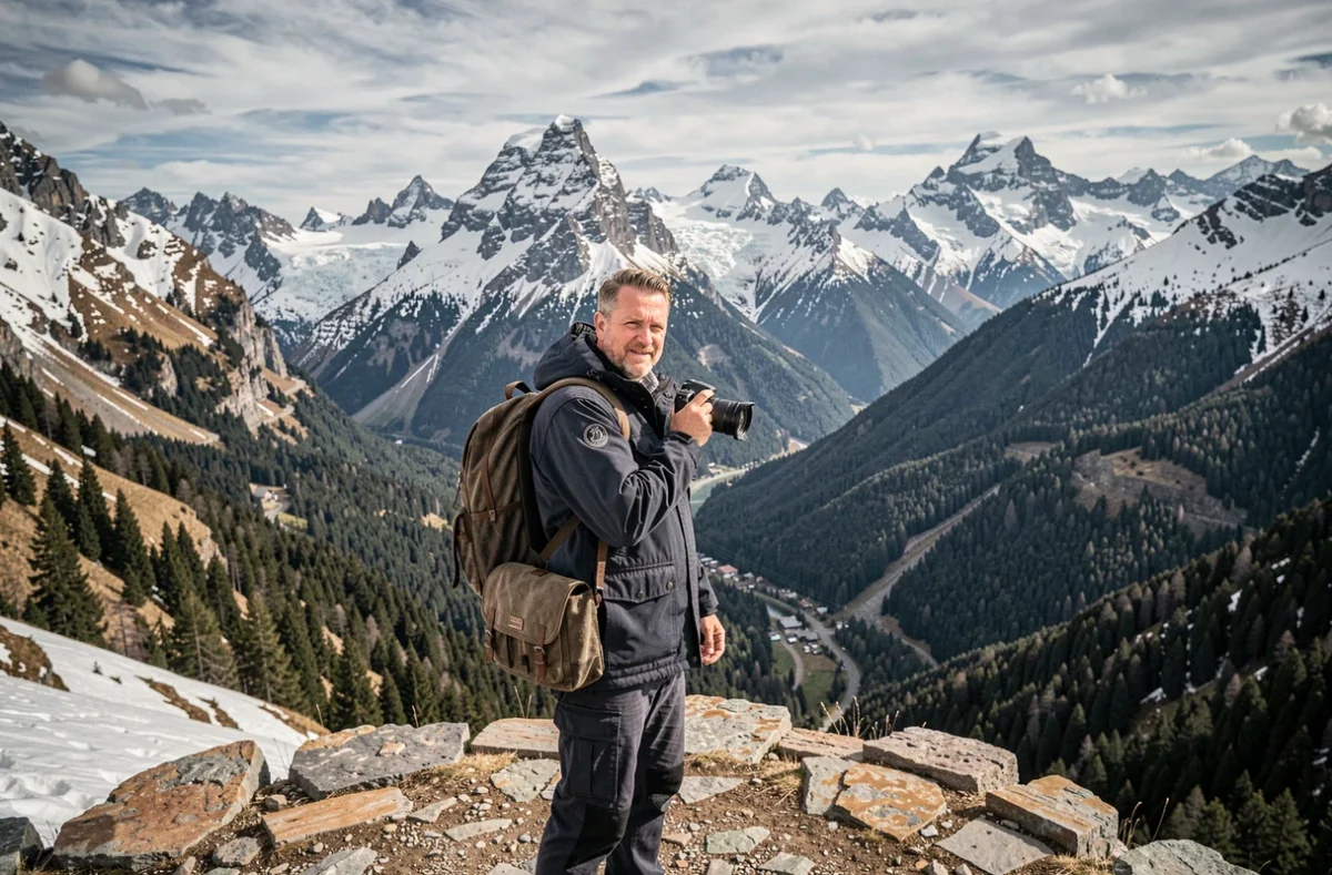 Photographe professionnel en Savoie avec les Alpes enneigées en arrière-plan, illustrant le classement des meilleurs photographes savoyards