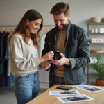 Modèle féminin et photographe en studio lumineux