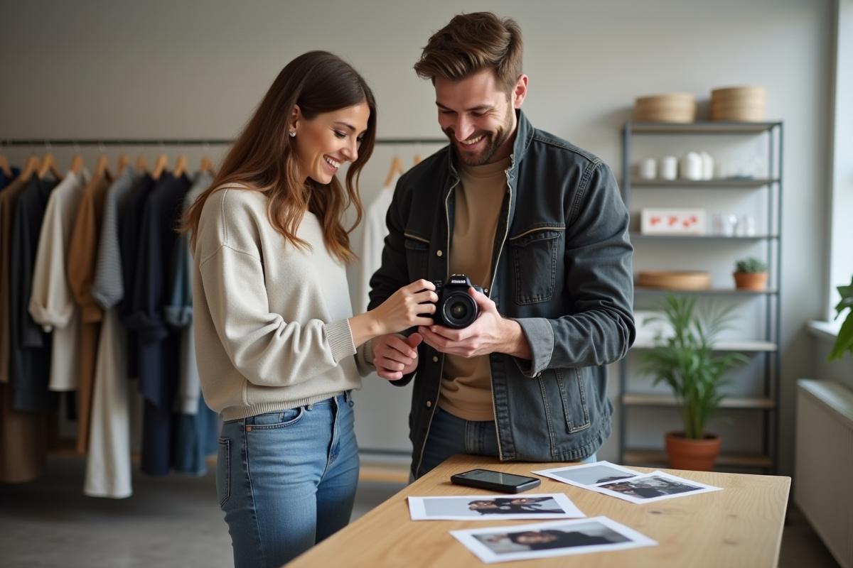 Modèle féminin et photographe en studio lumineux