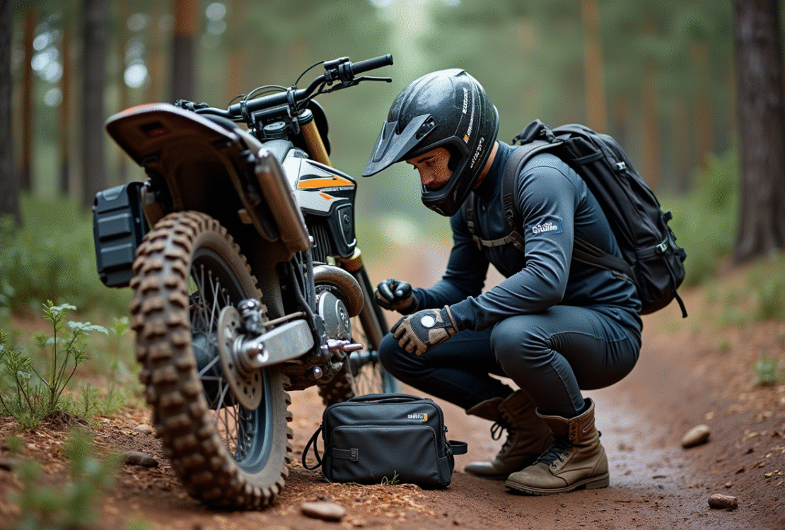 Jeune pilote motocross préparant son vélo en pleine nature