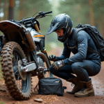Jeune pilote motocross préparant son vélo en pleine nature