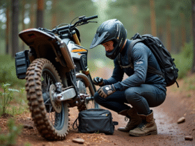 Jeune pilote motocross préparant son vélo en pleine nature