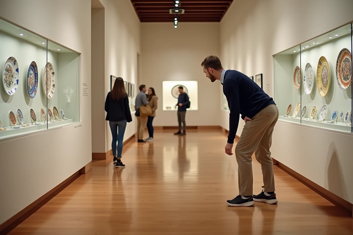 Visiteur admirant les céramiques faïencières au musée de Sarreguemines lors d'une escapade en Moselle