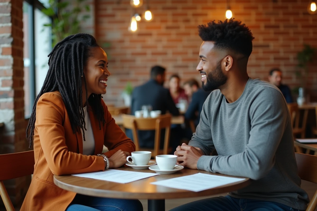 Deux professionnels du secteur créatif échangeant des conseils de networking dans un café