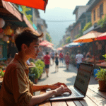 Jeune nomade digital travaillant en terrasse de café en Asie du Sud-Est