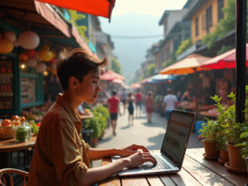 Jeune nomade digital travaillant en terrasse de café en Asie du Sud-Est