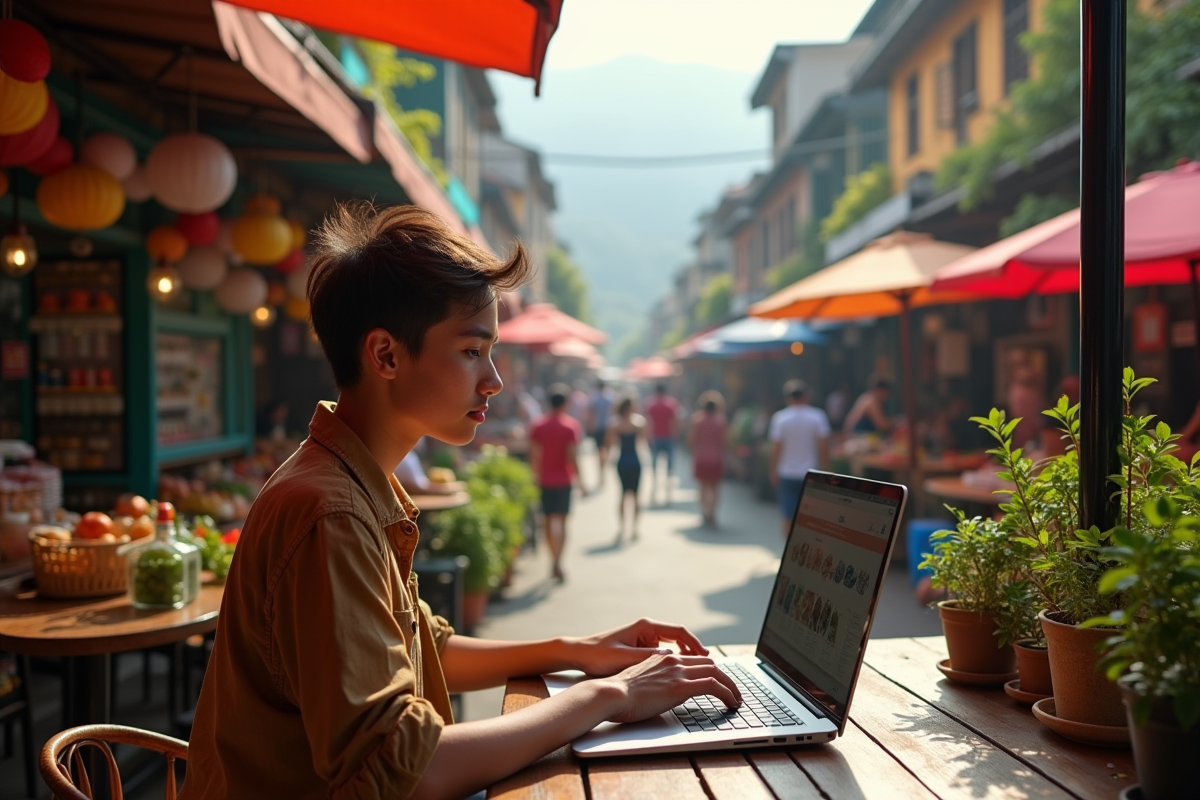 Jeune nomade digital travaillant en terrasse de café en Asie du Sud-Est