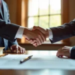 Notaire et client signant un contrat dans un bureau ensoleille