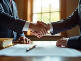 Notaire et client signant un contrat dans un bureau ensoleille
