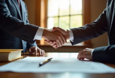 Notaire et client signant un contrat dans un bureau ensoleille