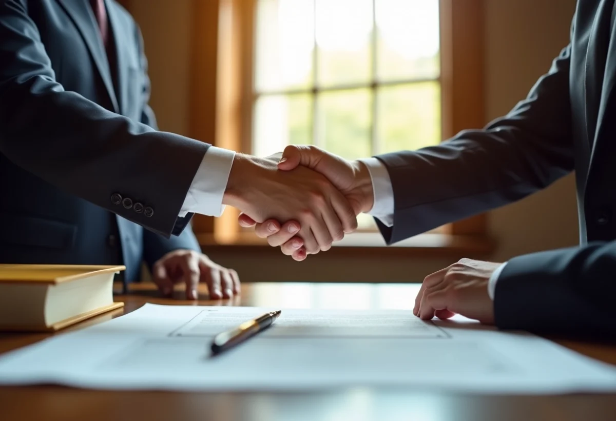 Notaire et client signant un contrat dans un bureau ensoleille