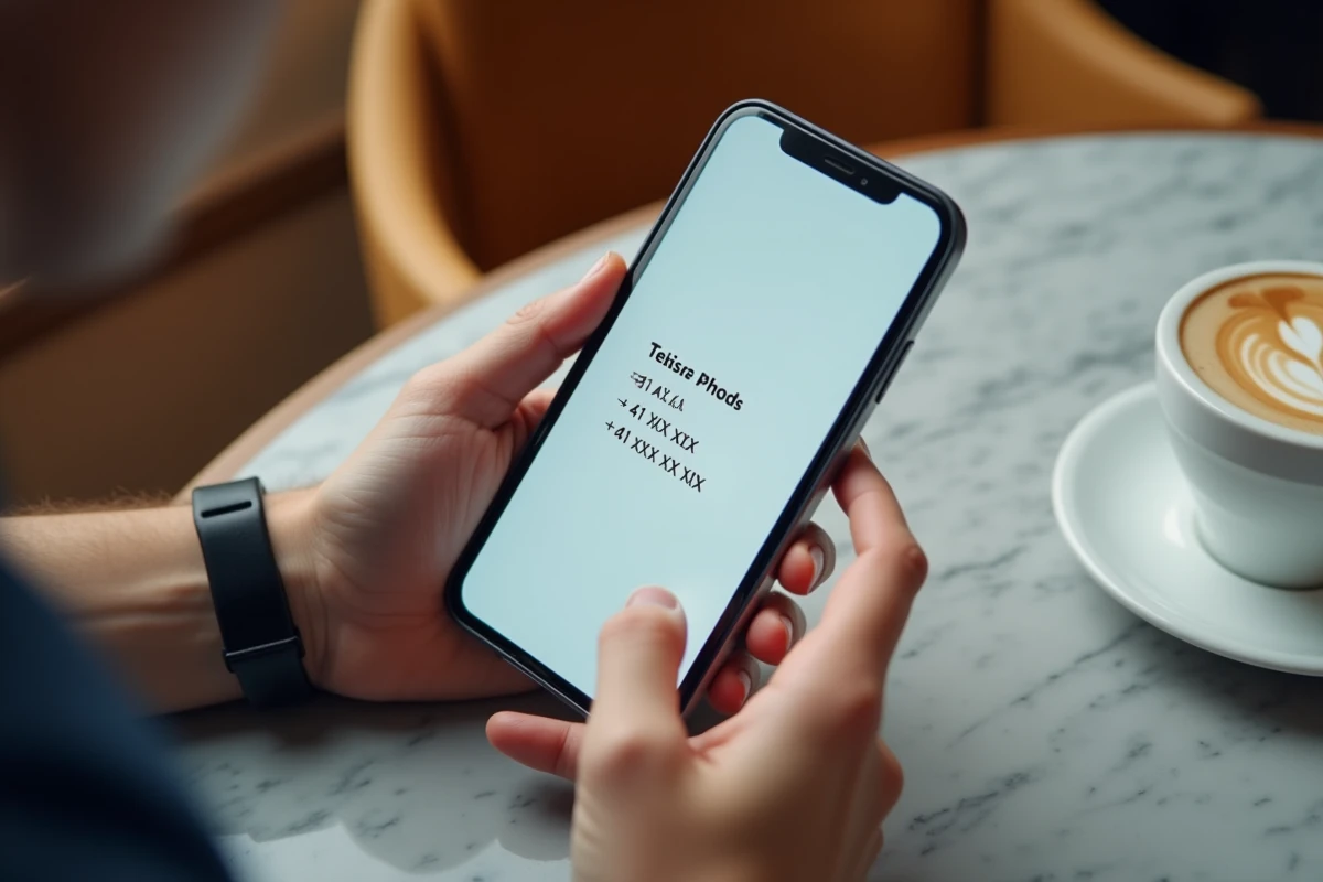 Gros plan de mains tenant un smartphone affichant un numéro suisse formaté avec l'indicatif 41 dans une application de contacts mobile