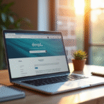 Ordinateur portable moderne sur un bureau en bois avec l'écran de Deepl