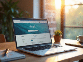 Ordinateur portable moderne sur un bureau en bois avec l'écran de Deepl