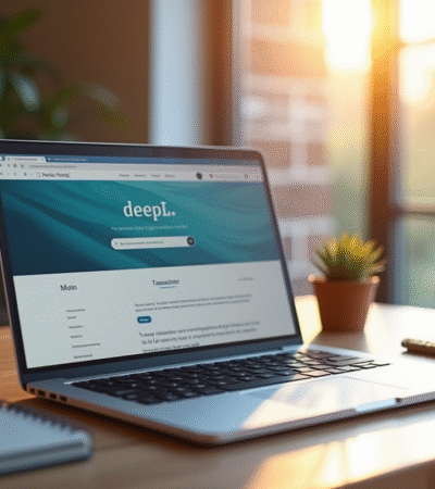 Ordinateur portable moderne sur un bureau en bois avec l'écran de Deepl