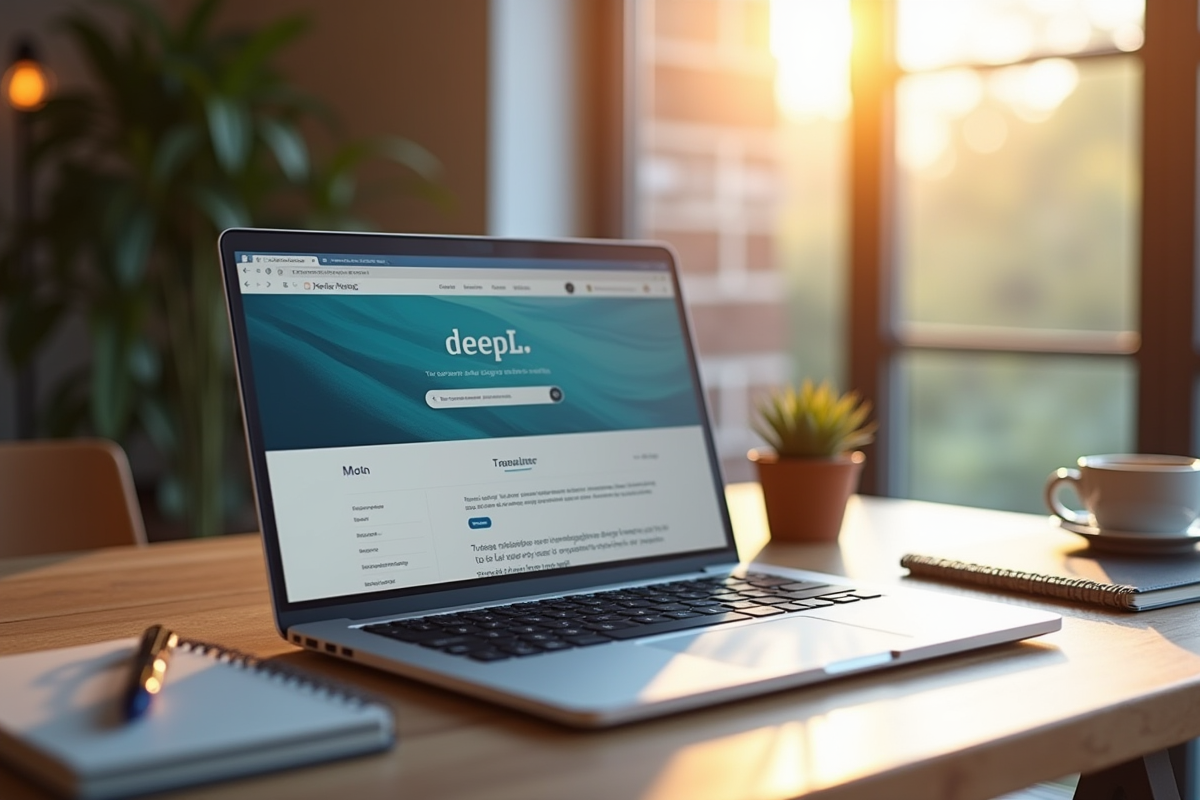 Ordinateur portable moderne sur un bureau en bois avec l'écran de Deepl