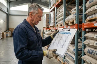 Ouvrier logistique consultant un tableau de conversion tonnes en kilogrammes dans un entrepôt industriel