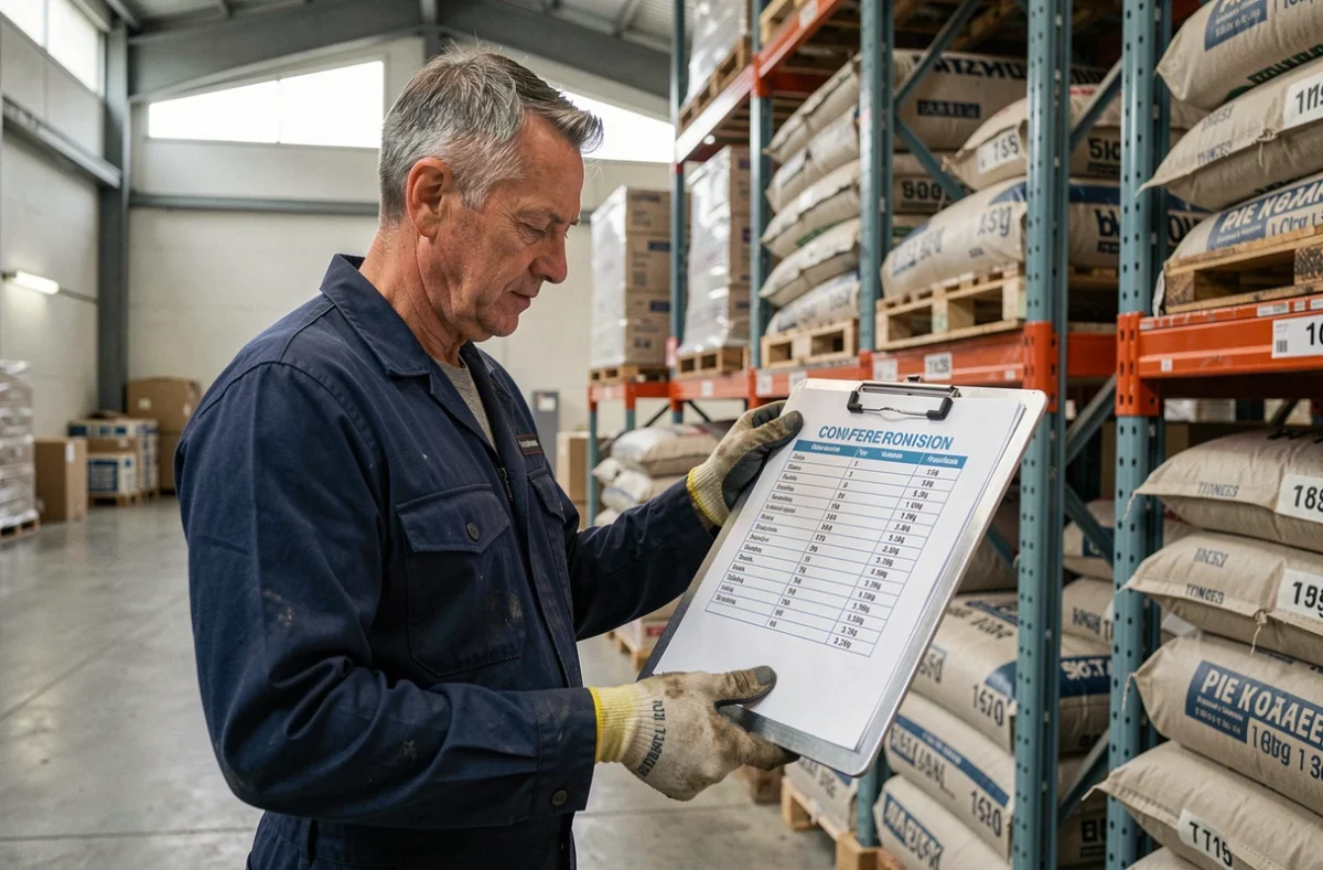 Ouvrier logistique consultant un tableau de conversion tonnes en kilogrammes dans un entrepôt industriel