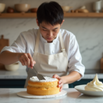 Chef pâtissier français étalant mascarpone sur gâteau génoise