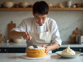 Chef pâtissier français étalant mascarpone sur gâteau génoise