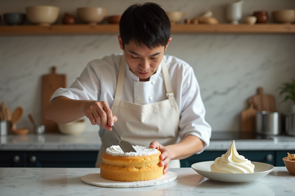 Chef pâtissier français étalant mascarpone sur gâteau génoise
