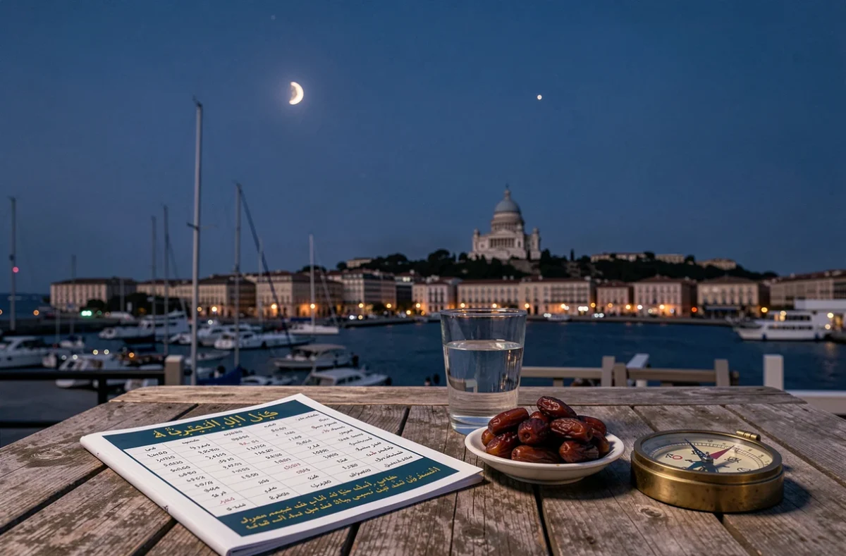 Table de rupture du jeûne avec planning des prières de Ramadan 2026 sur fond du port de Marseille au crépuscule