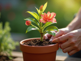 Mains plantant une branche d'oleander dans un pot en terre cuite