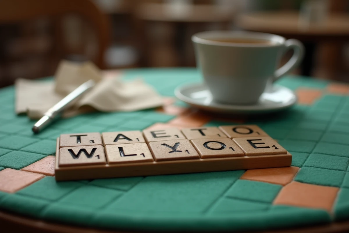 Porte-tuiles Scrabble avec les lettres W et Z sur un tapis de jeu vert vintage