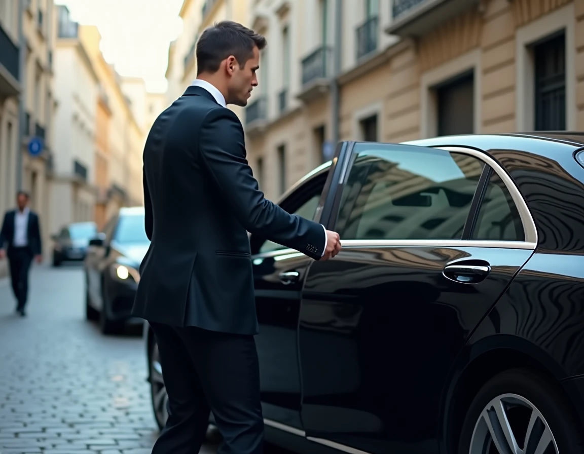 Chauffeur PrestigeDrivers ouvrant la portière d'une Mercedes noire dans le centre de Tours