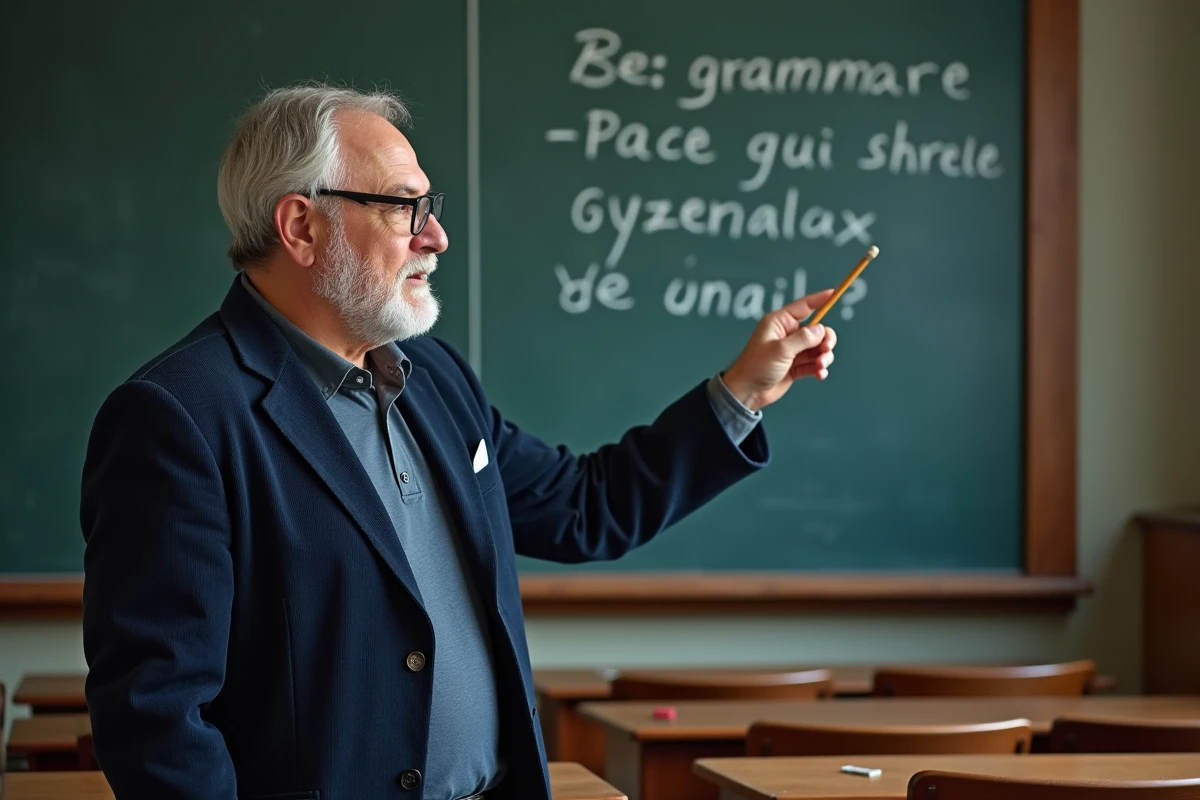 Professeur de français expliquant une règle de grammaire sur un tableau noir dans une salle de classe