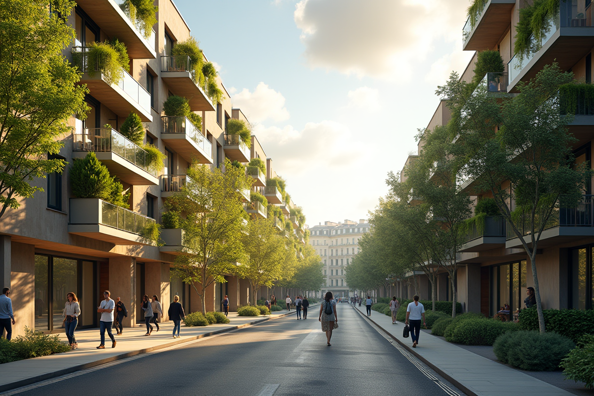 Quartier urbain moderne à Paris avec immeubles et rues arborées