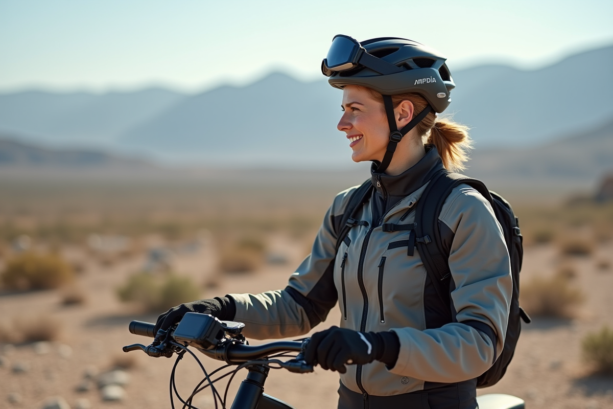 Femme pilote vérifiant son vélo sur un plateau rocheux