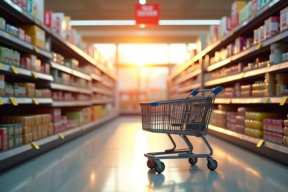 Allée de supermarché vide avec chariot et étiquettes de prix en hausse