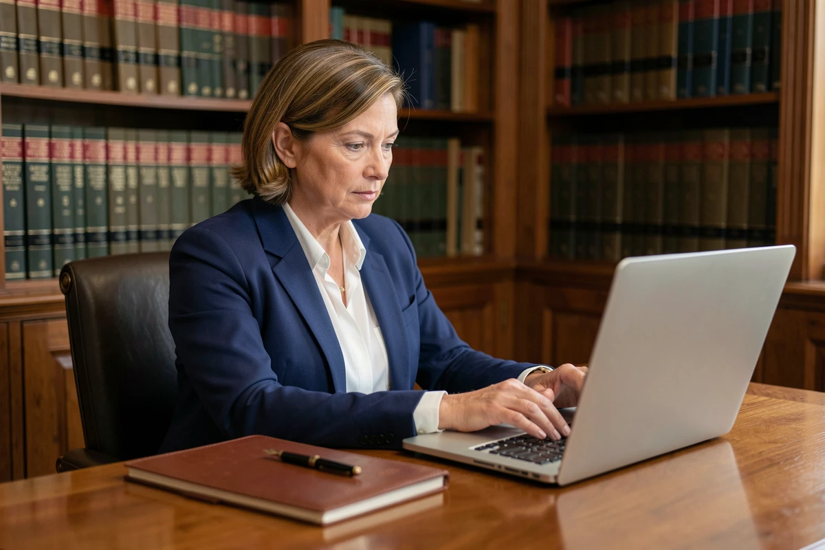 Femme professionnelle rédigeant un email formel à un huissier de justice sur son ordinateur portable dans un bureau juridique classique