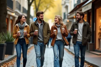 Groupe d'adultes qui se rencontrent et discutent en se promenant dans une rue piétonne de Cholet