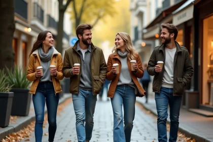 Groupe d'adultes qui se rencontrent et discutent en se promenant dans une rue piétonne de Cholet