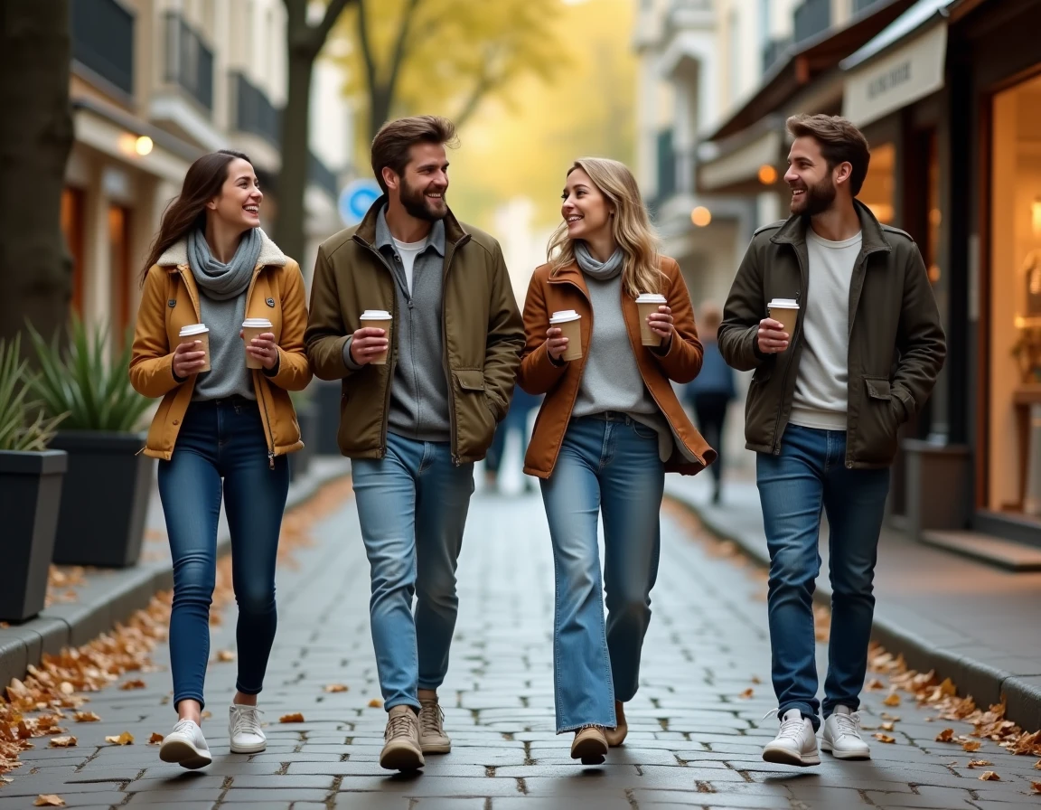 Groupe d'adultes qui se rencontrent et discutent en se promenant dans une rue piétonne de Cholet