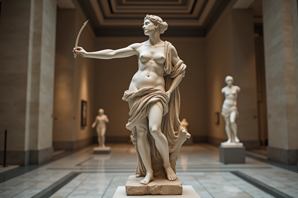 Statue en marbre antique d'Artémis dans une galerie de musée, représentant la déesse chasseresse en mouvement dans la mythologie grecque