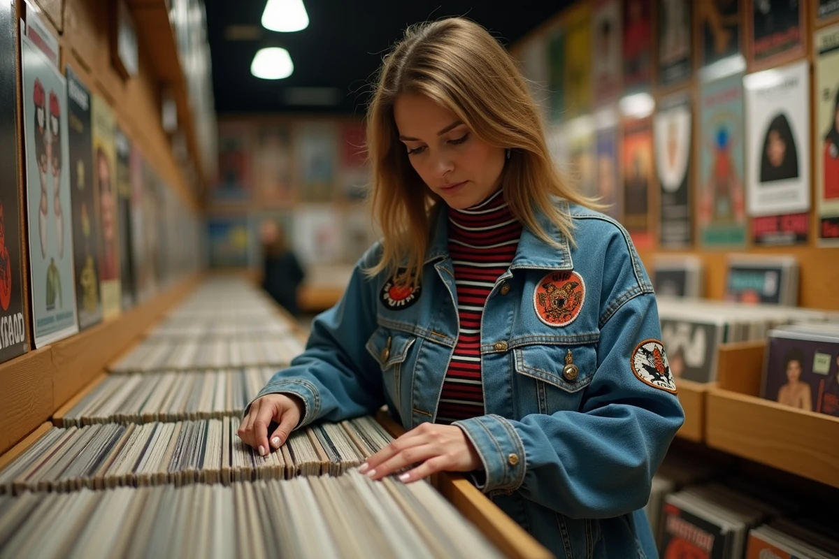 Femme au look années 80 feuilletant des vinyles dans un magasin de disques indépendant