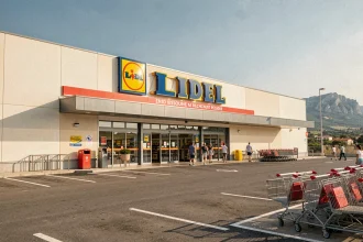 Façade d'un supermarché Lidl avec parking et clients en Corse, architecture commerciale moderne avec signalétique jaune et rouge