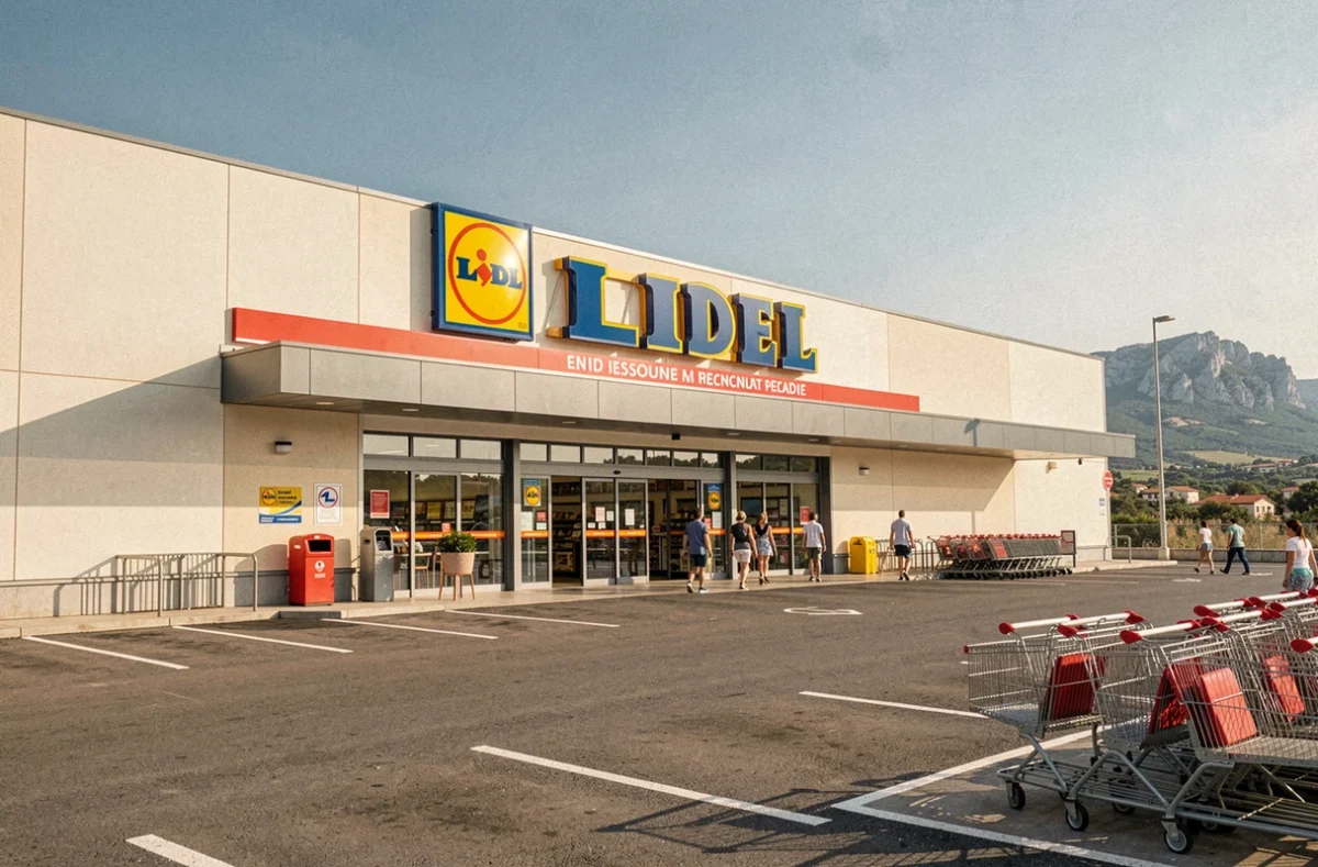 Façade d'un supermarché Lidl avec parking et clients en Corse, architecture commerciale moderne avec signalétique jaune et rouge