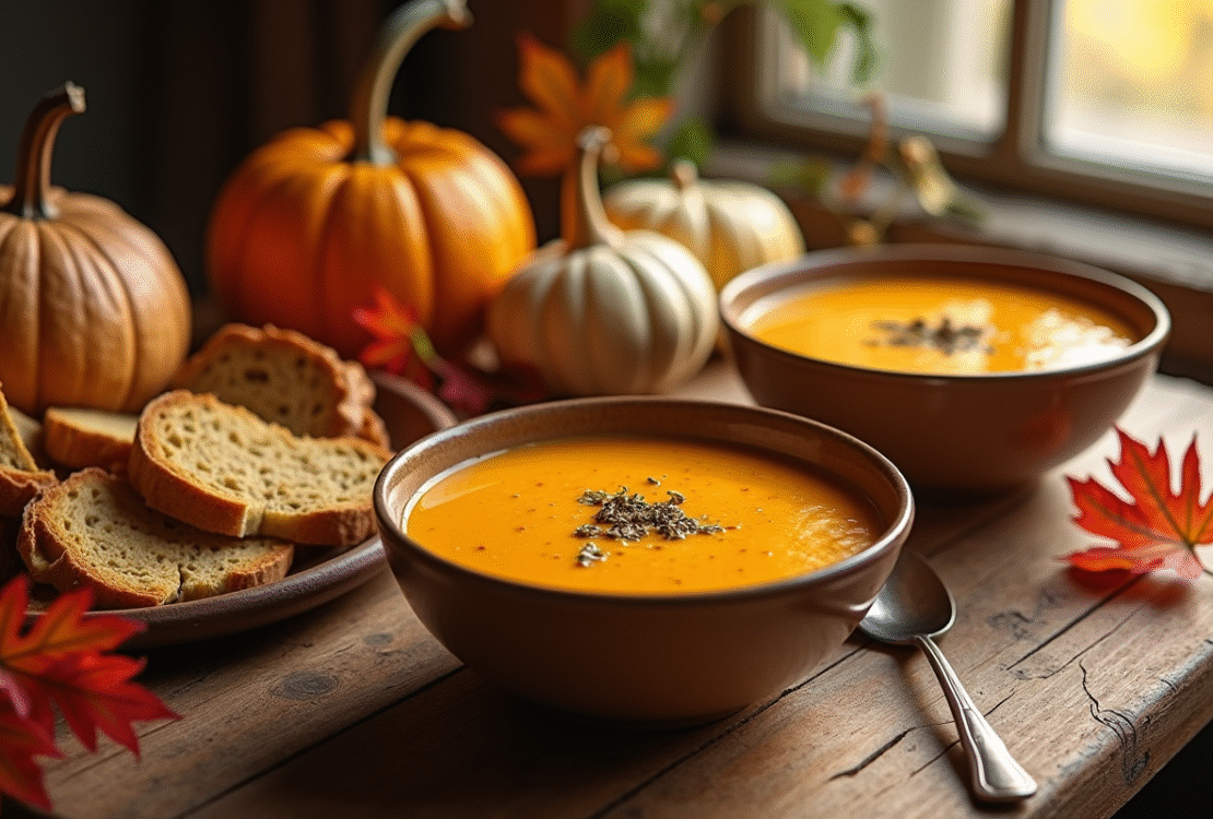 Table d'automne avec soupe de potiron en céramique
