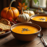 Table d'automne avec soupe de potiron en céramique